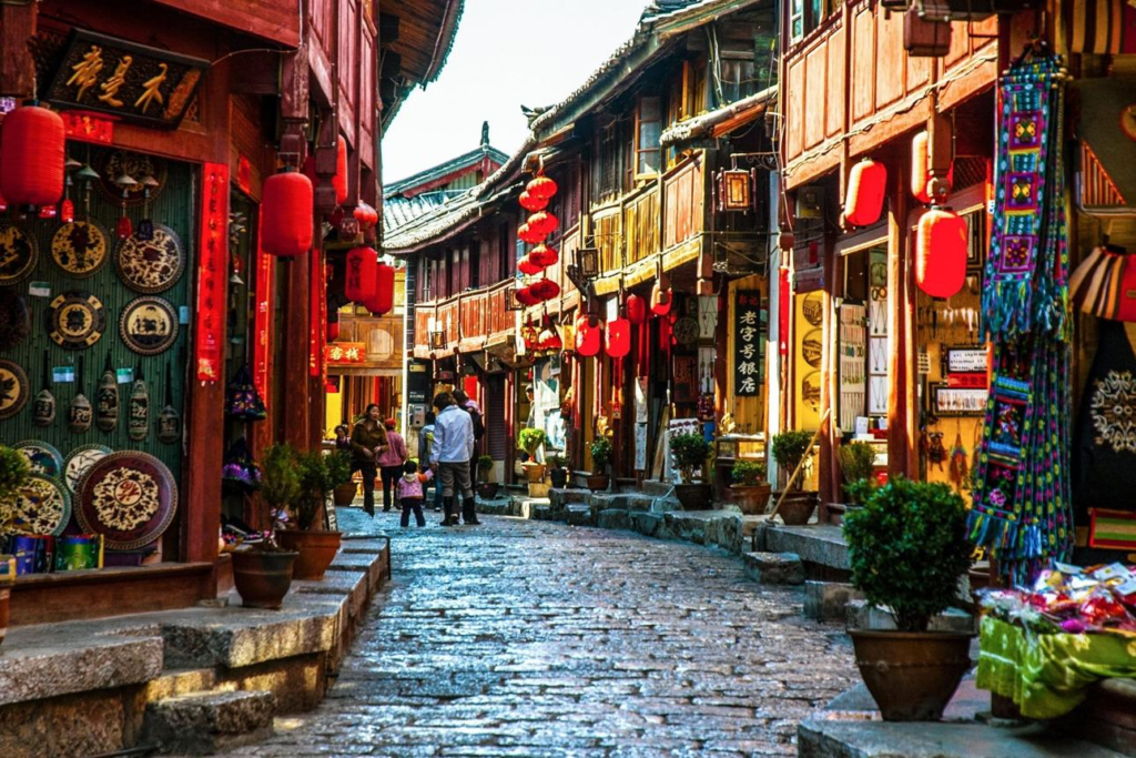 Traditional streets and buildings in Lijiang Old Town Yunnan China.