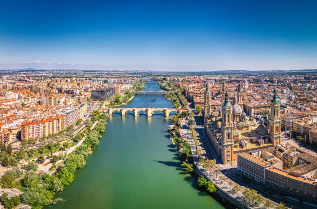 Zaragoza skyline along the Ebro River in Spain.