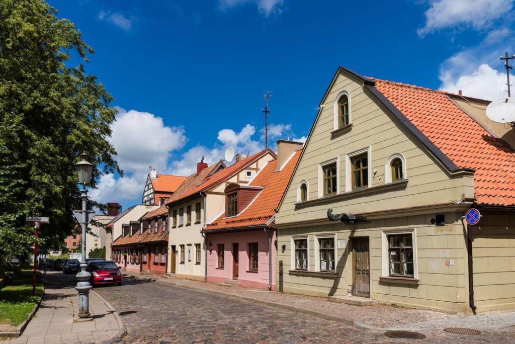 Historic Old Town with cobblestone streets in Klaipėda, Lithuania