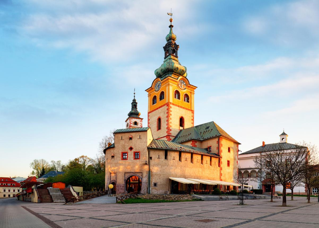 Colorful historic buildings in Banská Bystrica Old Town, Slovakia.
