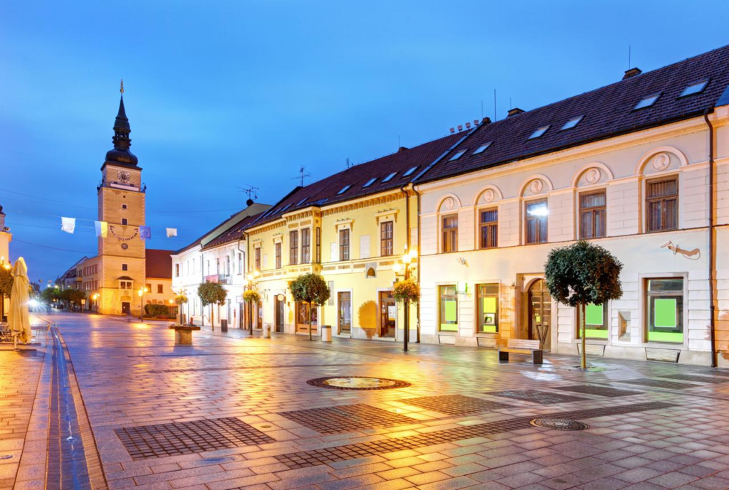Historic streets and colorful buildings in Trnava Old Town, Slovakia.