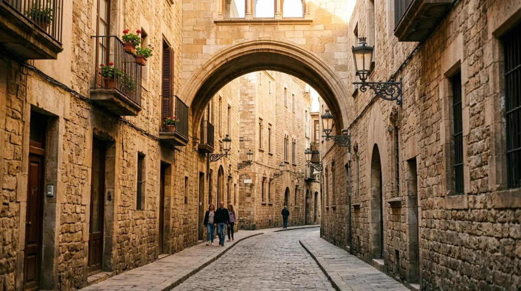 Historic Gothic Quarter streets in Barcelona Spain.