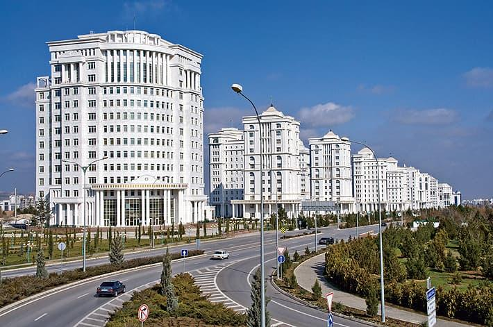 White marble buildings and monuments in Ashgabat Turkmenistan.