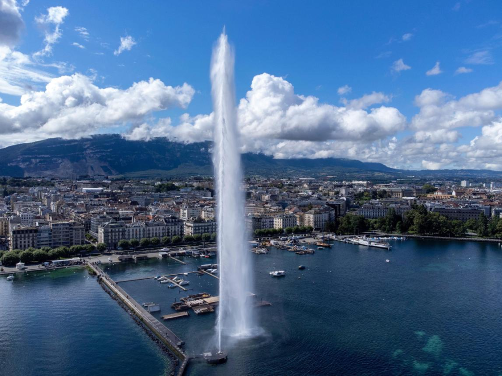 Jet d’Eau fountain on Lake Geneva Switzerland.