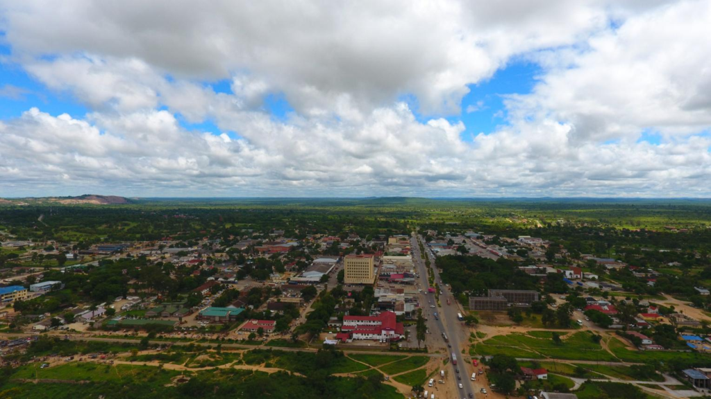 A panoramic aerial view of Masvingo showing the cityscape and the surrounding landscape near the Great Zimbabwe ruins in Zimbabwe.