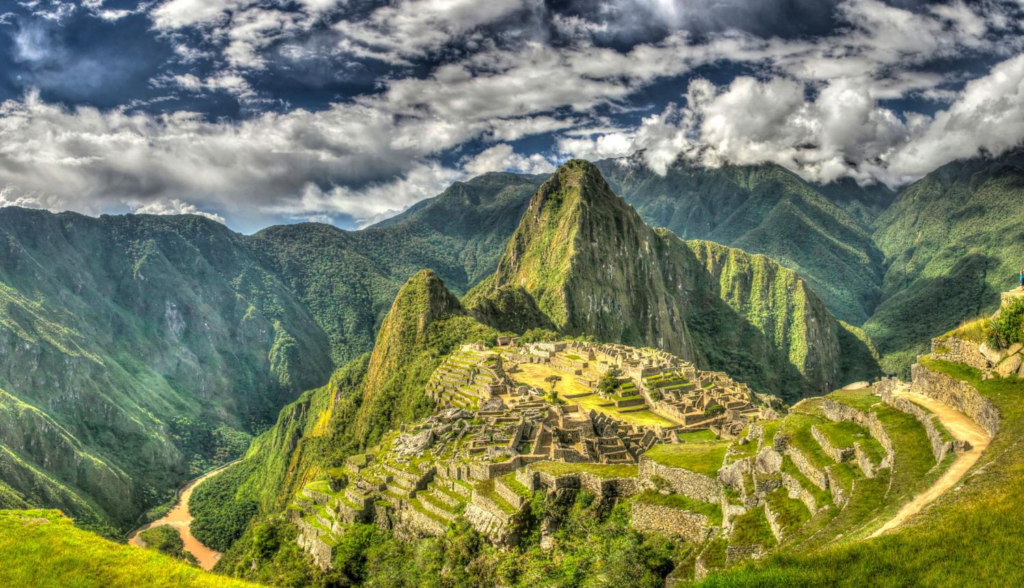anoramic view of Machu Picchu in the Peruvian Andes.
