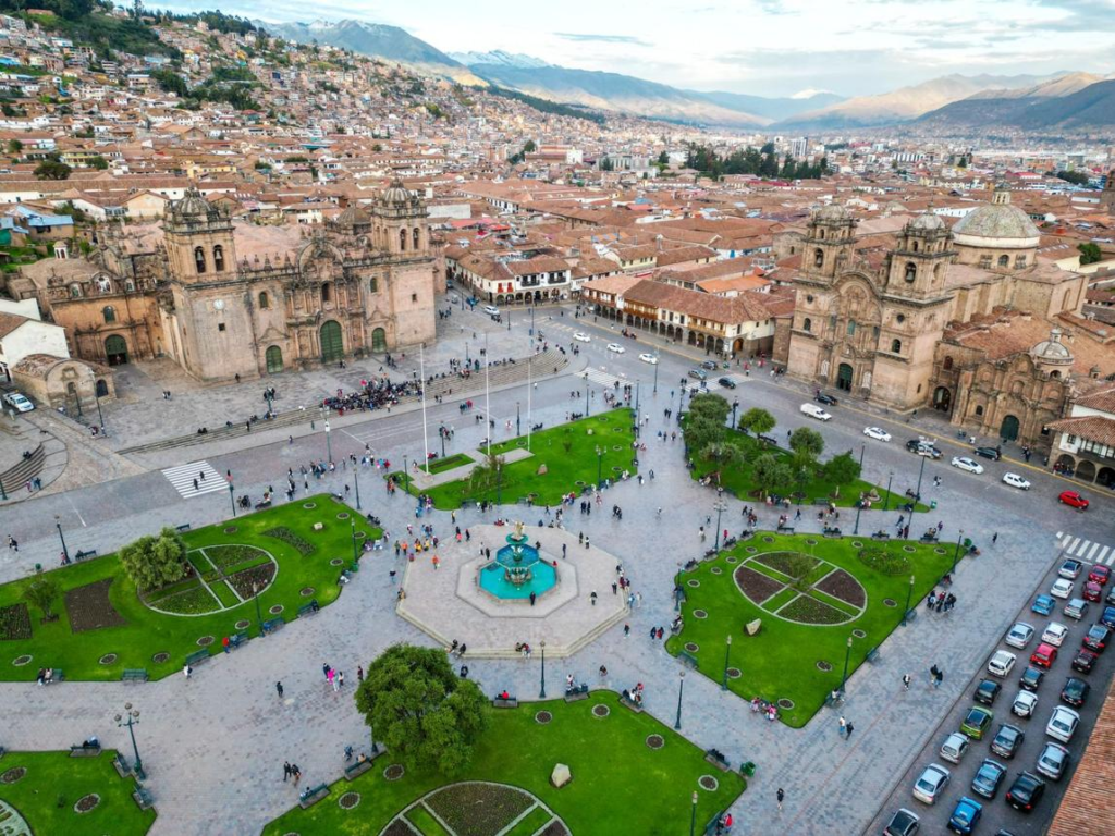 Plaza de Armas and colonial architecture in Cusco, Peru.