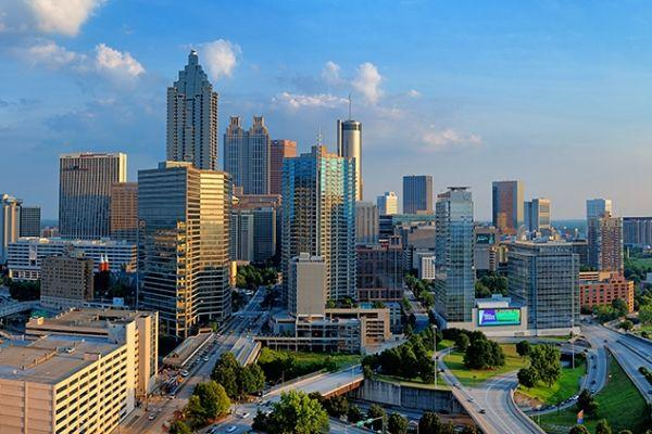 Downtown Atlanta Georgia skyline with skyscrapers.