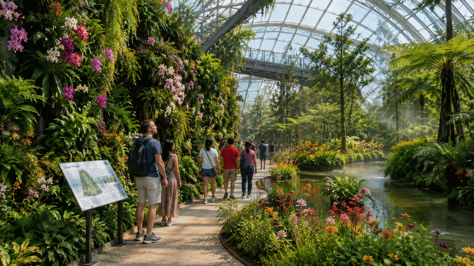 Visitors walking through a world-class botanical garden featuring diverse plants and beautifully designed landscapes.