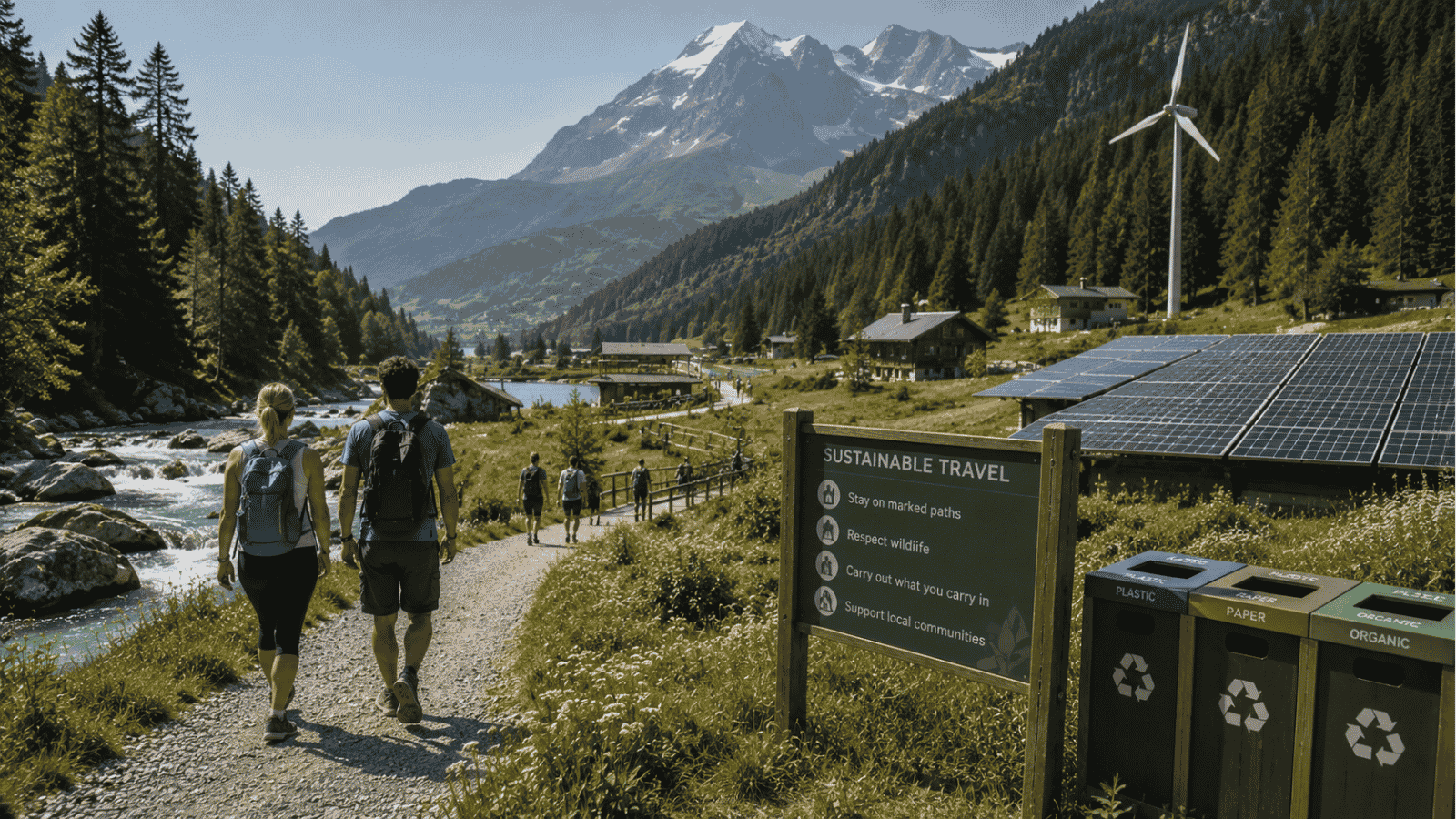 Eco-conscious travelers exploring a sustainable nature destination with conservation-focused tourism.